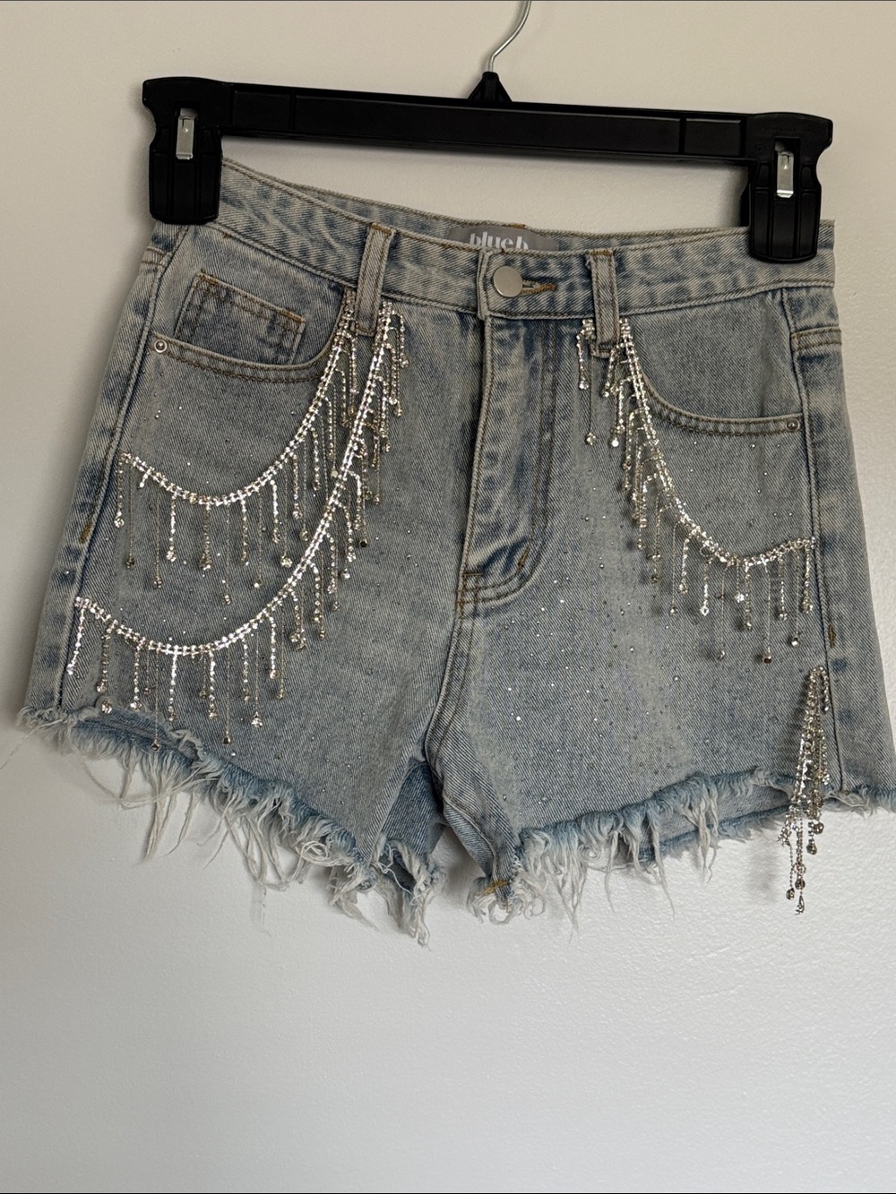 blueb Light Wash Denim Shorts with Silver Rhinestone Fringe Drapes